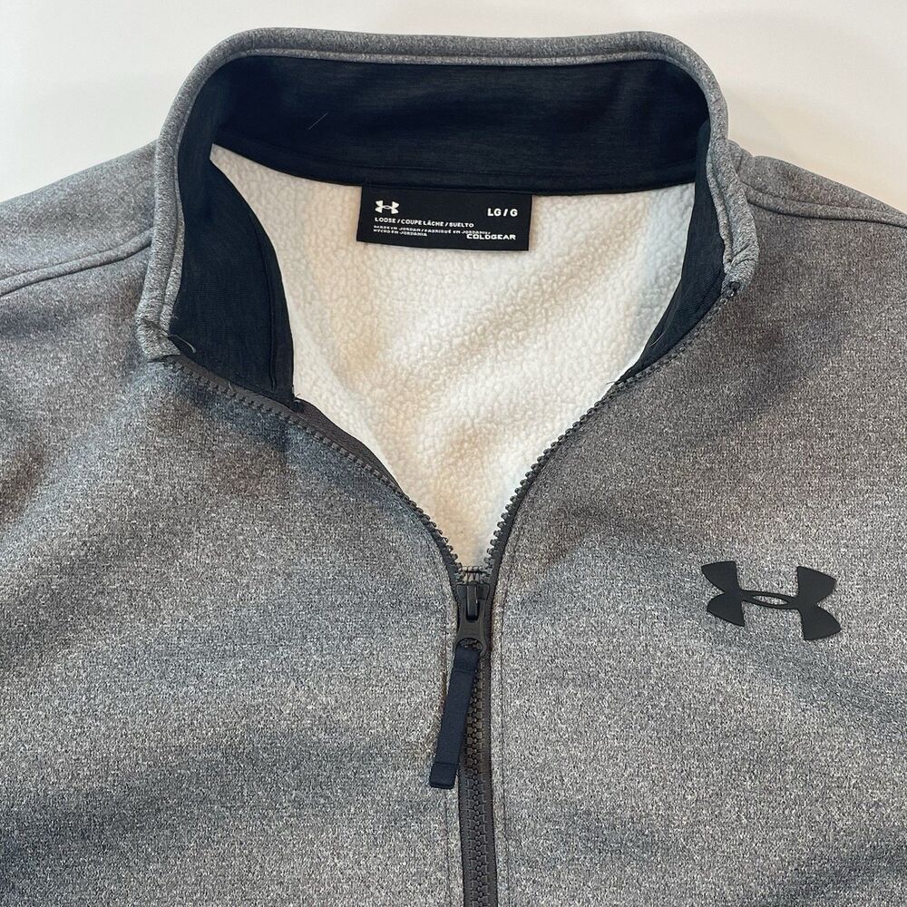 Under Armour Mens Large Full Zip Jacket Loose Gray Sherpa Lined ColdGear Mock